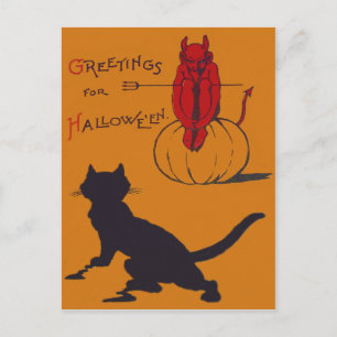 Postal Calabaza Gato Negro Diablo Demonio Horca