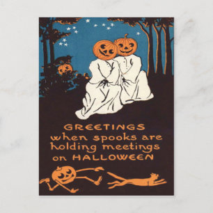 Postal Calabaza Jack O' Lantern Fantasma Gato Negro Árbol