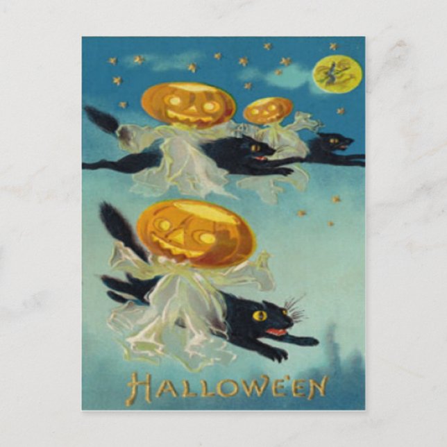 Postal Calabaza Jack O Lantern Gato negro bruja (Anverso)