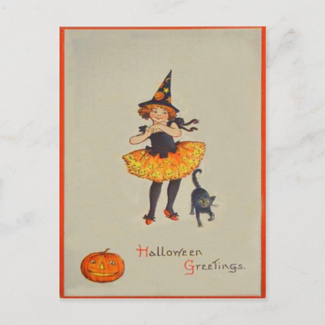 Postal Calabaza Jack O Linterna Bruja Gato Negro (Anverso)