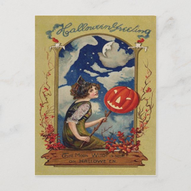 Postal Calabaza Jack O Linterna Bruja Luna (Anverso)