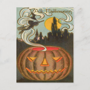 Postal Calabaza Jack O Linterna Bruja Luna Llena