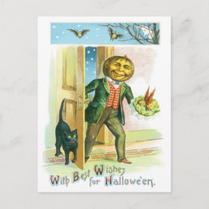 Postal Calabaza Jack O Linterna Gato Negro Murciélago