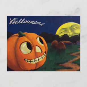Postal Calabaza Jack O Linterna Hombre En La Luna