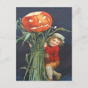 Postal Calabaza Jack O Linterna Niño de Tallos de Maíz