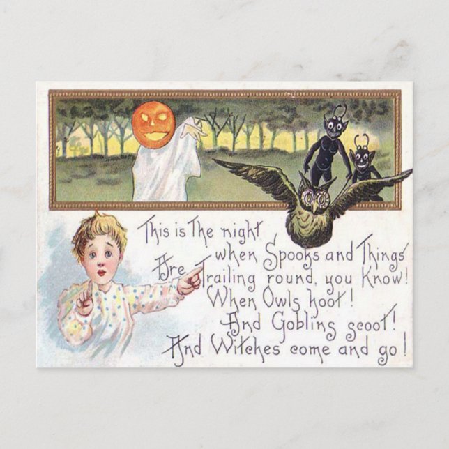 Postal Calabaza Linterna de Jack Fantasma Búho Duende (Anverso)