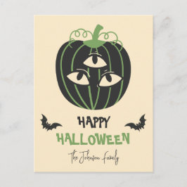 Postal Calabaza moderna de 3 ojos Happy Halloween Family 