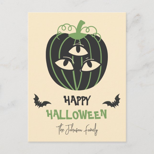 Postal Calabaza moderna de 3 ojos Happy Halloween Family  (Anverso)