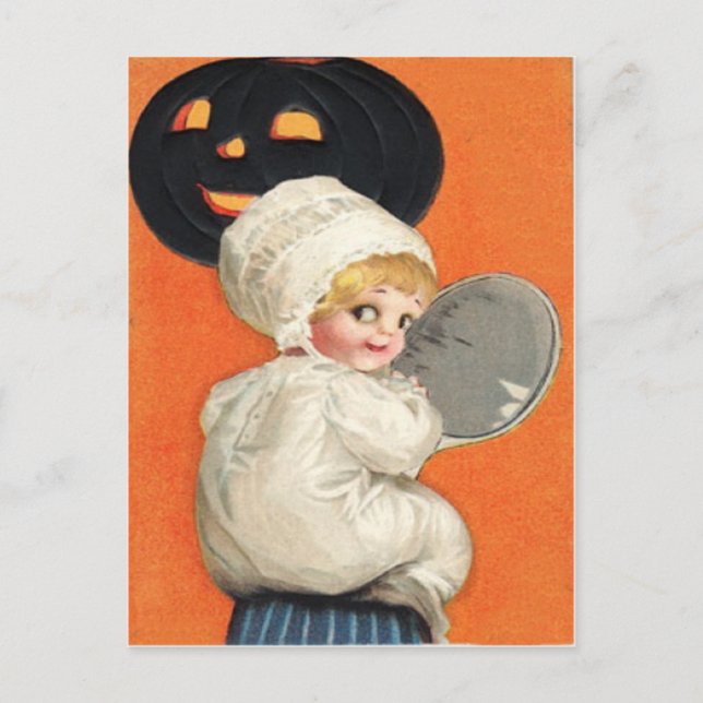 Postal Calabaza Niña Linterna de Jack (Anverso)