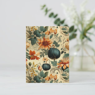 Postal Calabaza Otoñal Floral Vintage Azul Malhumorado