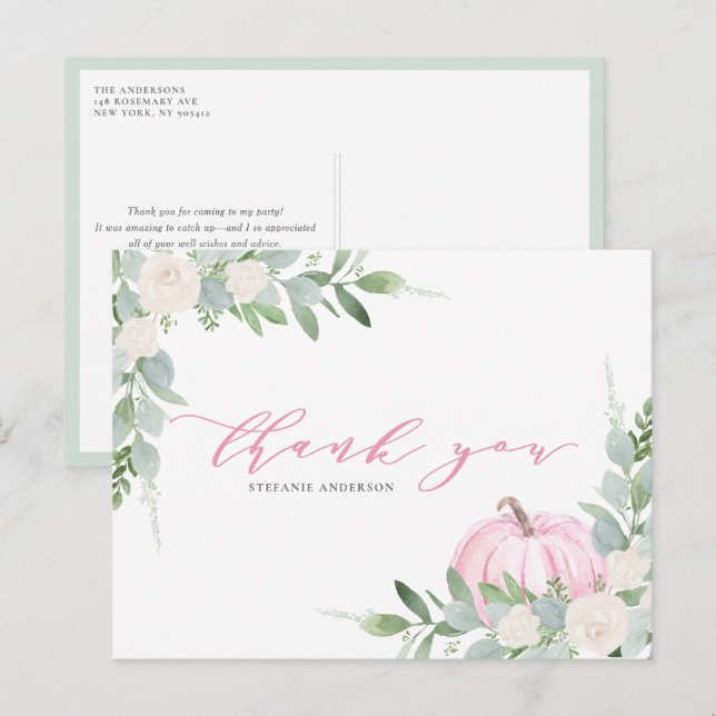 Postal Calabaza rosa y vegetación otoño gracias (Anverso / Reverso)