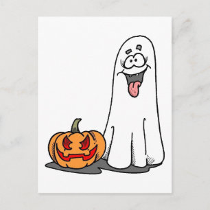 Postal Calabaza Tallada con Fantasma Tonto Sacando la Len