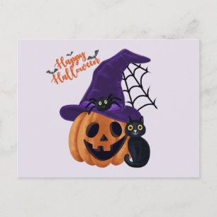Postal Calabaza tallada feliz Halloween con gato negro y