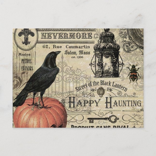 Postal calabaza vintage moderna de halloween y cuervo (Anverso)