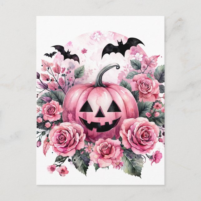 Postal Calabaza y Rosas con pinkoween de murciélago (Anverso)
