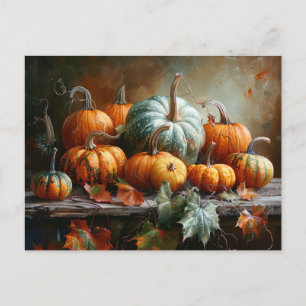 Postal Calabazas coloridas y hojas de cosecha