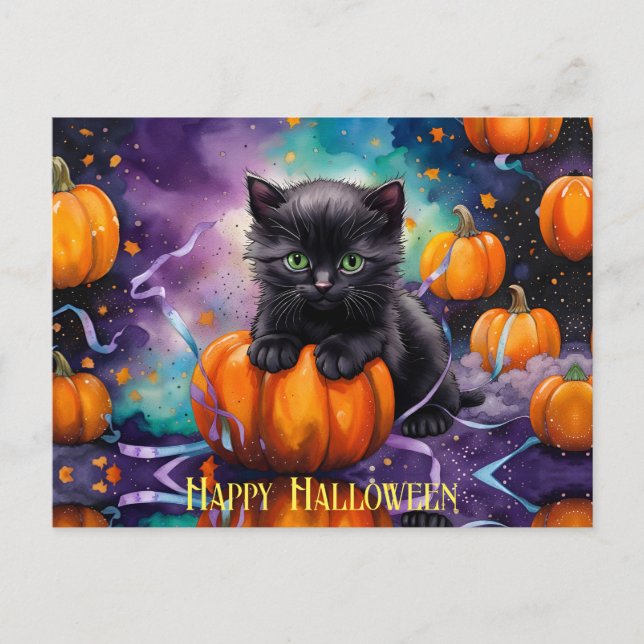 Postal Calabazas de gatito negro y cinta de opciones (Anverso)