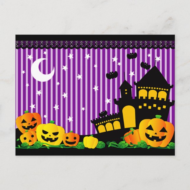 Postal Calabazas de Halloween, casa embrujada y murciélag (Anverso)
