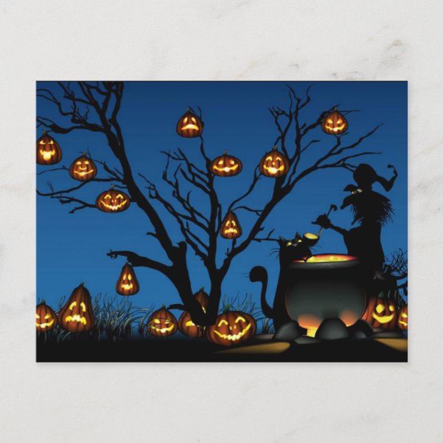 Postal Calabazas de Halloween con bruja (Anverso)