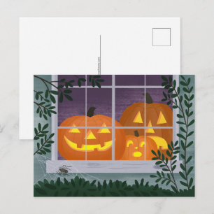 Postal Calabazas de Halloween en la ventana