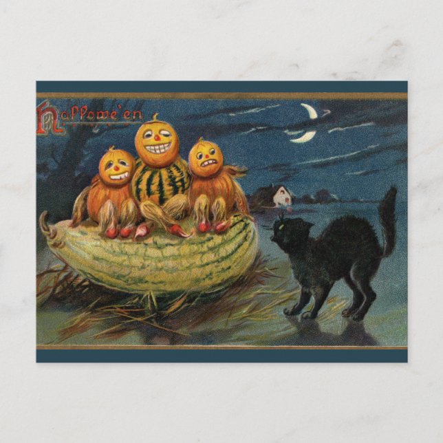 Postal Calabazas de Halloween vintage Gato negro (Anverso)
