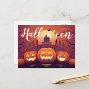 Postal Calabazas de Halloween y casa embrujada