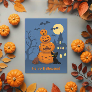 Postal Calabazas de Halloween y gato negro