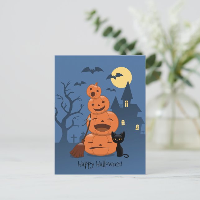 Postal Calabazas de Halloween y gato negro (Anverso de pie)