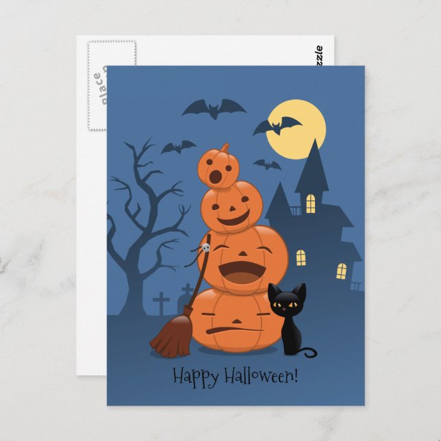 Postal Calabazas de Halloween y gato negro (Anverso / Reverso)