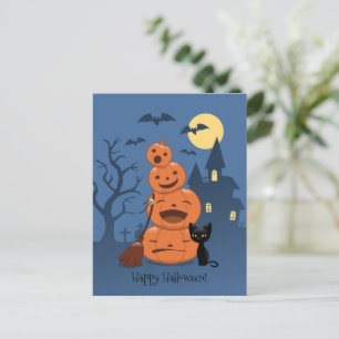 Postal Calabazas de Halloween y gato negro