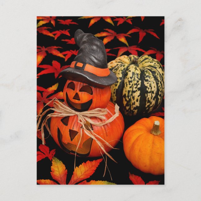 Postal Calabazas de Halloween y hojas de otoño (Anverso)