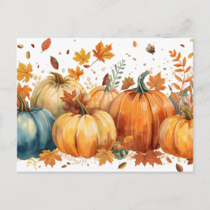 Postal Calabazas de otoño y hojas naranjas al acuarela