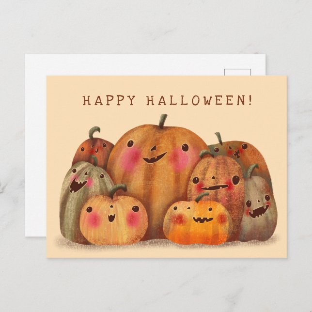 Postal Calabazas felices - Halloween lindo (Anverso / Reverso)