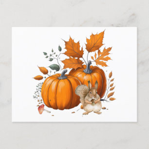 Postal Calabazas, hojas otoñales y ardilla
