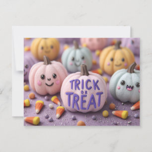 Postal Calabazas Kawaii Pastel con truco o truco texto