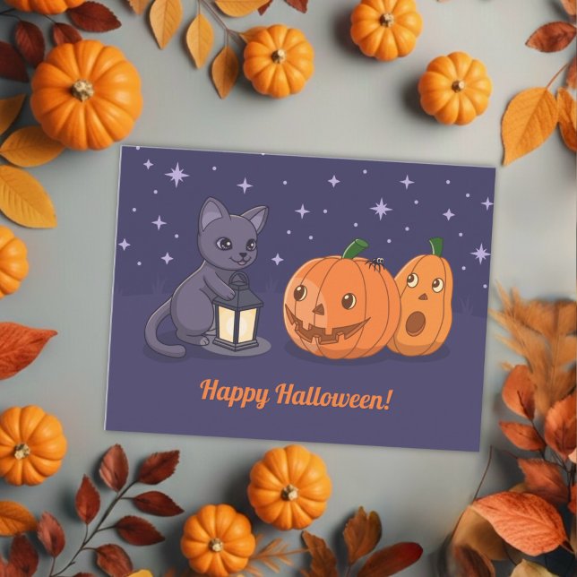 Postal Calabazas Linterna Gato Negro Halloween Morado (Subido por el creador)