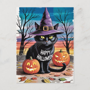 Postal Calabazas modernas de Halloween y gato negro