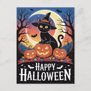 Postal Calabazas modernas de Halloween y gato negro trend