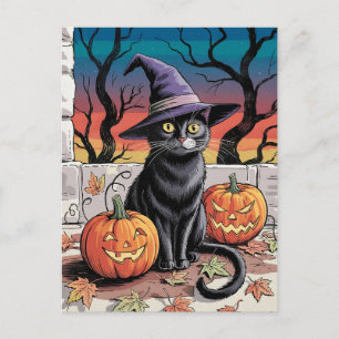 Postal Calabazas modernas y trendy de Halloween y gato ne