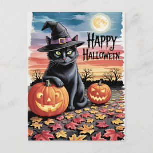 Postal Calabazas modernas y trendy de Halloween y gato ne