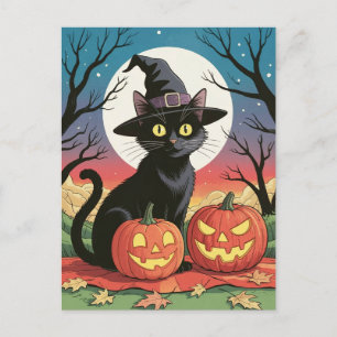 Postal Calabazas modernas y trendy de Halloween y gato ne
