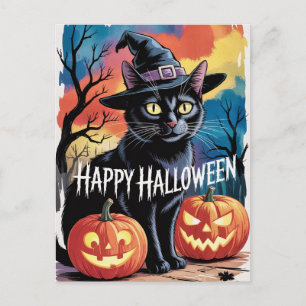 Postal Calabazas modernas y trendy de Halloween y gato ne