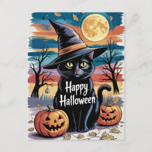 Postal Calabazas modernas y trendy de Halloween y gato ne