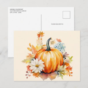 Postal Calabazas naranjas y flores Otoño