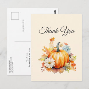 Postal Calabazas naranjas y flores Otoño Gracias