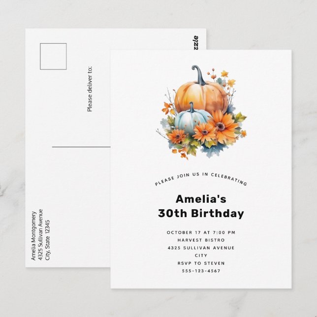 Postal Calabazas otoñales con flores y cumpleaños de foll (Anverso / Reverso)