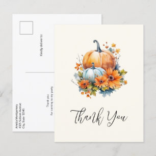Postal Calabazas otoñales con flores y follaje Gracias