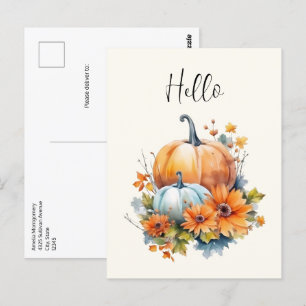 Postal Calabazas otoñales con flores y follaje Hola