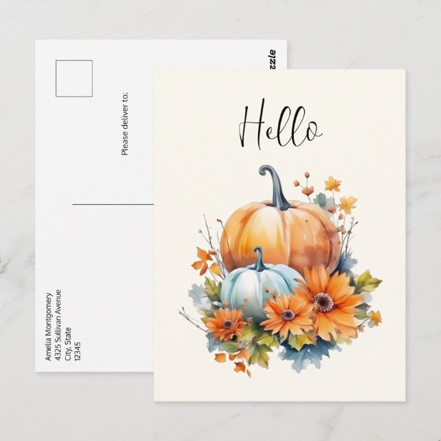Postal Calabazas otoñales con flores y follaje Hola (Anverso / Reverso)