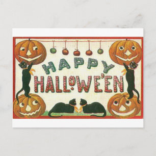 Postal Calabazas y gatos felices de Halloween